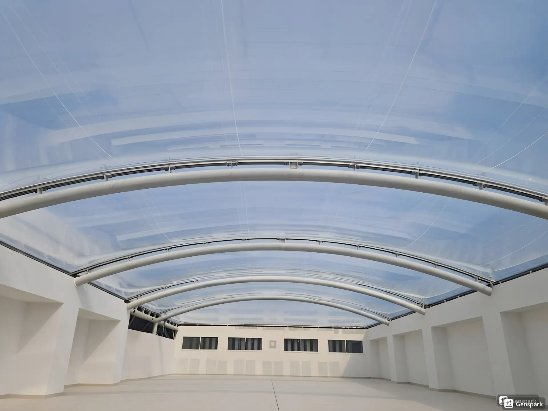 Curved translucent ETFE canopy seen from below against a pale sky