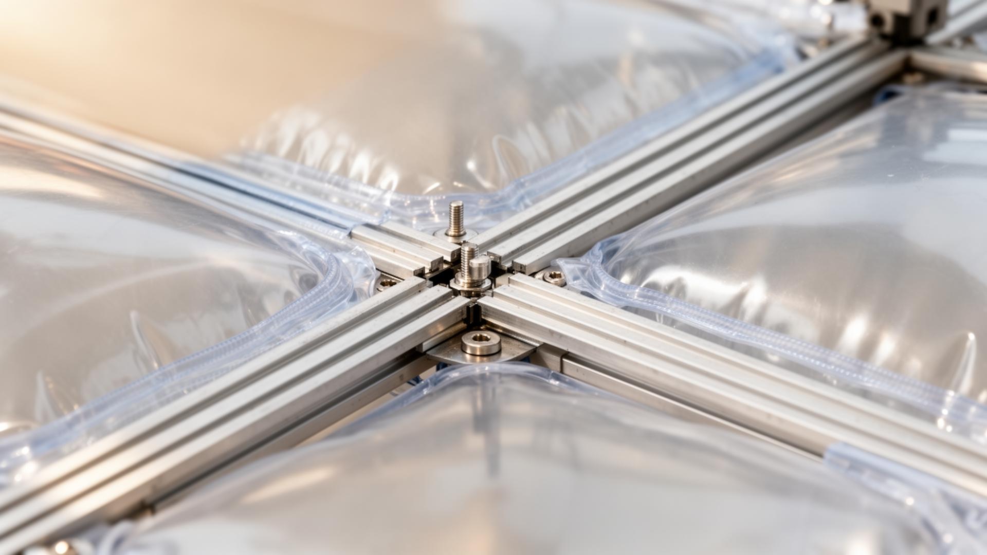 Detail of an ETFE foil cushion fixed into an aluminium frame