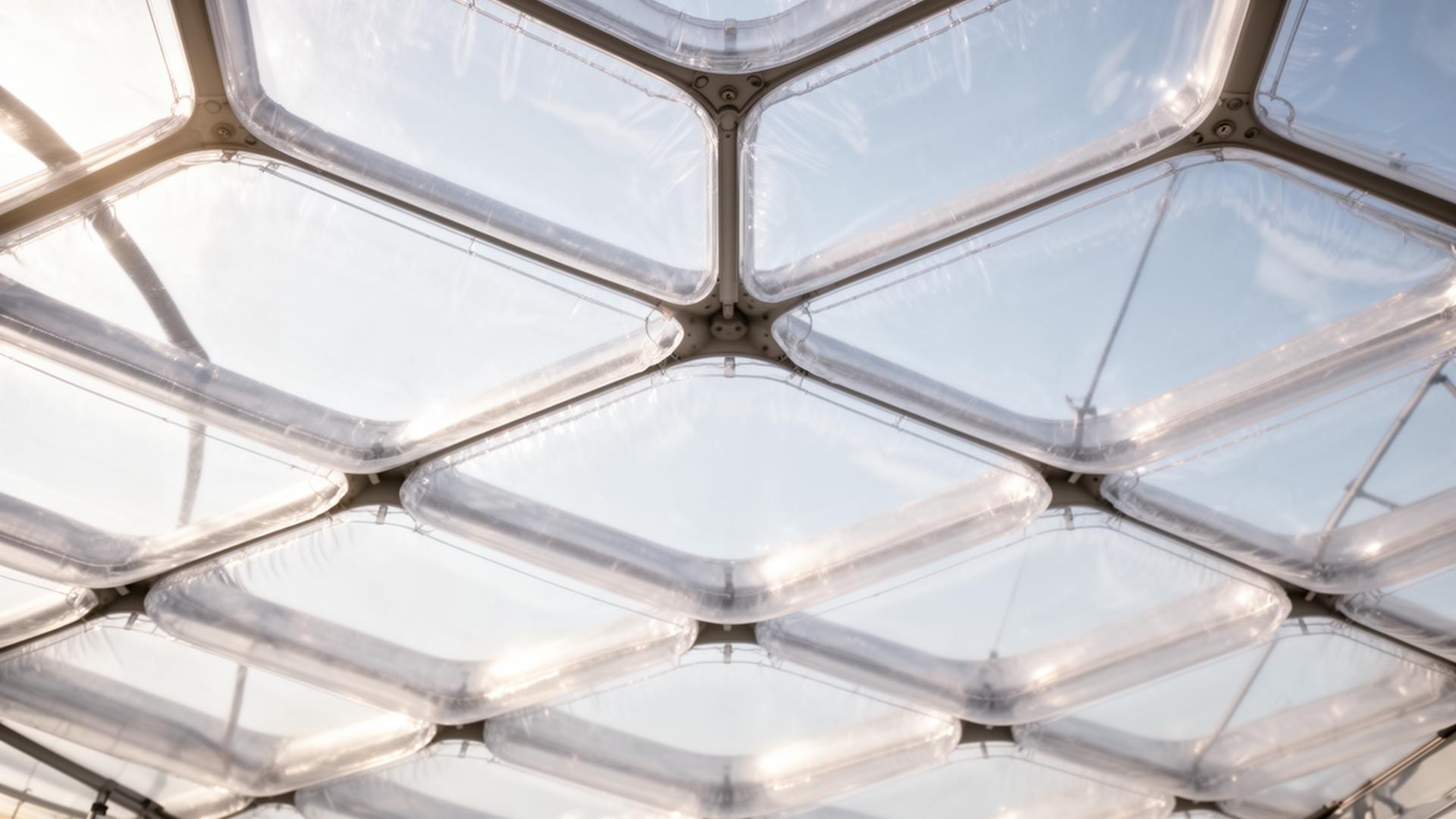 ETFE cushion roof seen from below, daylight diffusing through translucent foil pillows